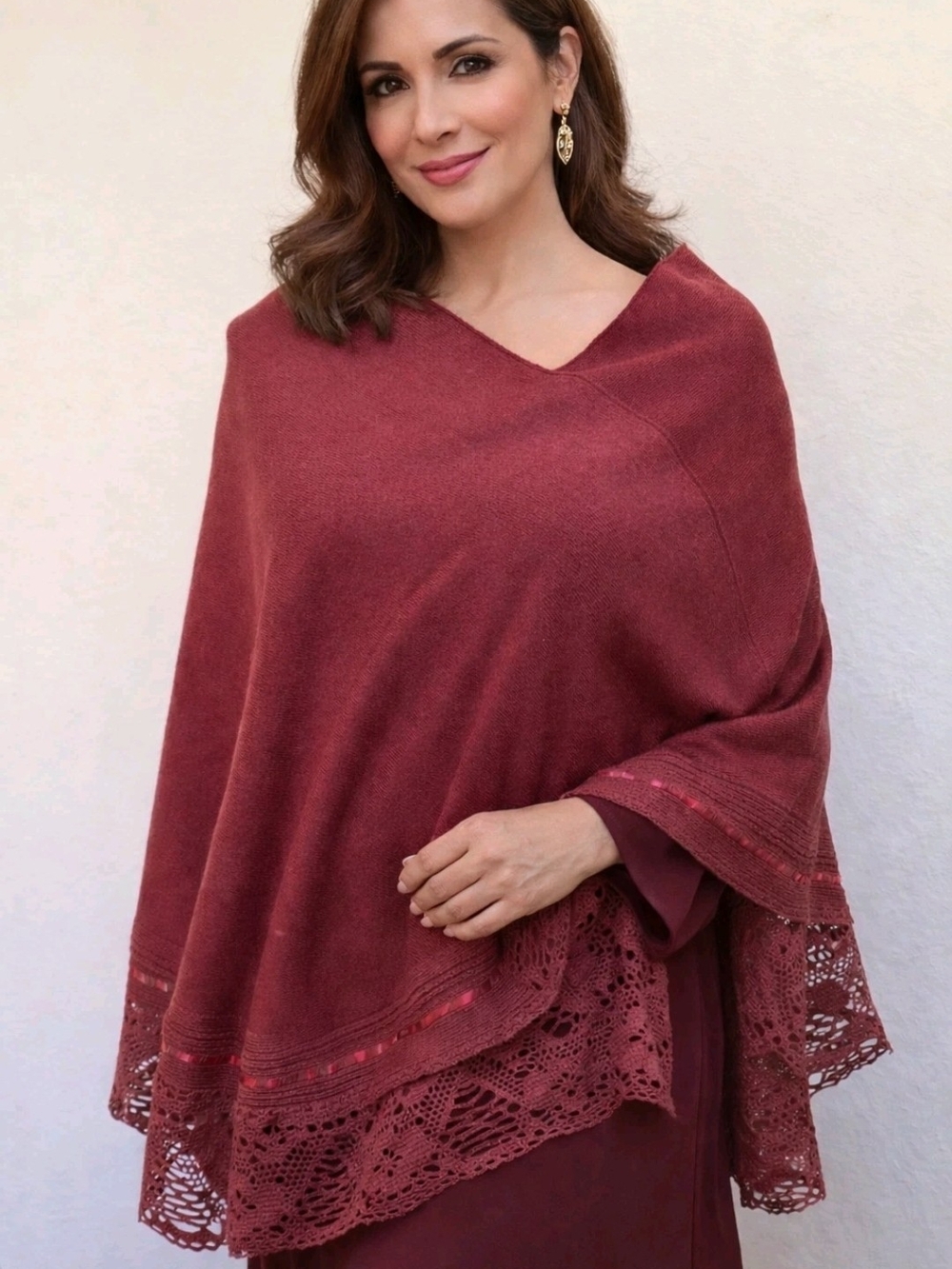 Women's Lace-Trim Wrap Poncho in Wine Rebozo Cape